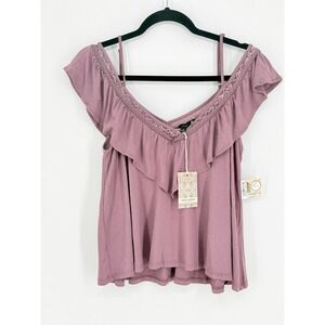 Cold Shoulder Coquette Mauve Ruffle Lace Trim Knit Top Dainty Size M Romantic